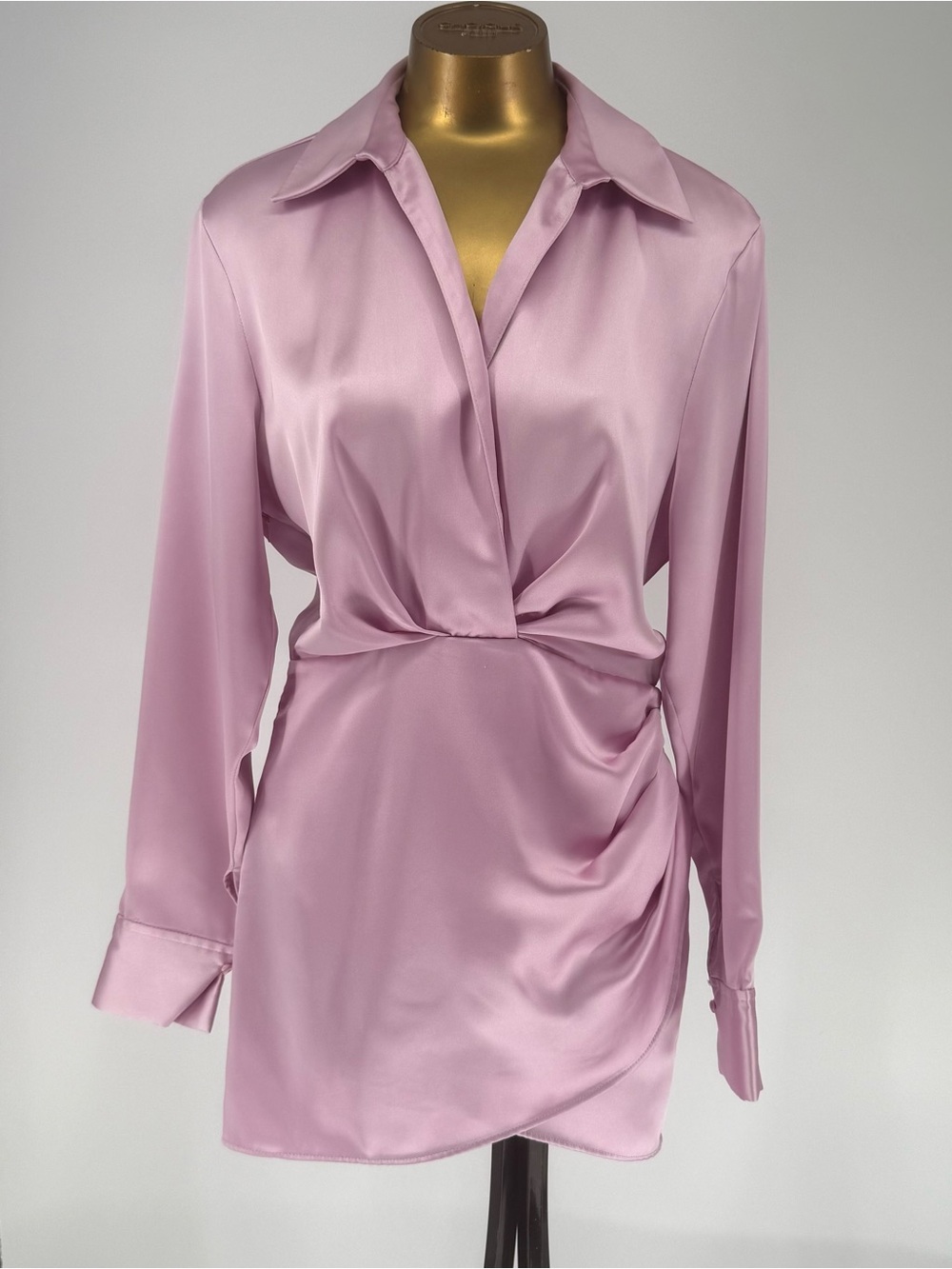 Zara Rose Pink Satin Draped Wrap Mini Dress long Sleeved collared
Size Medium